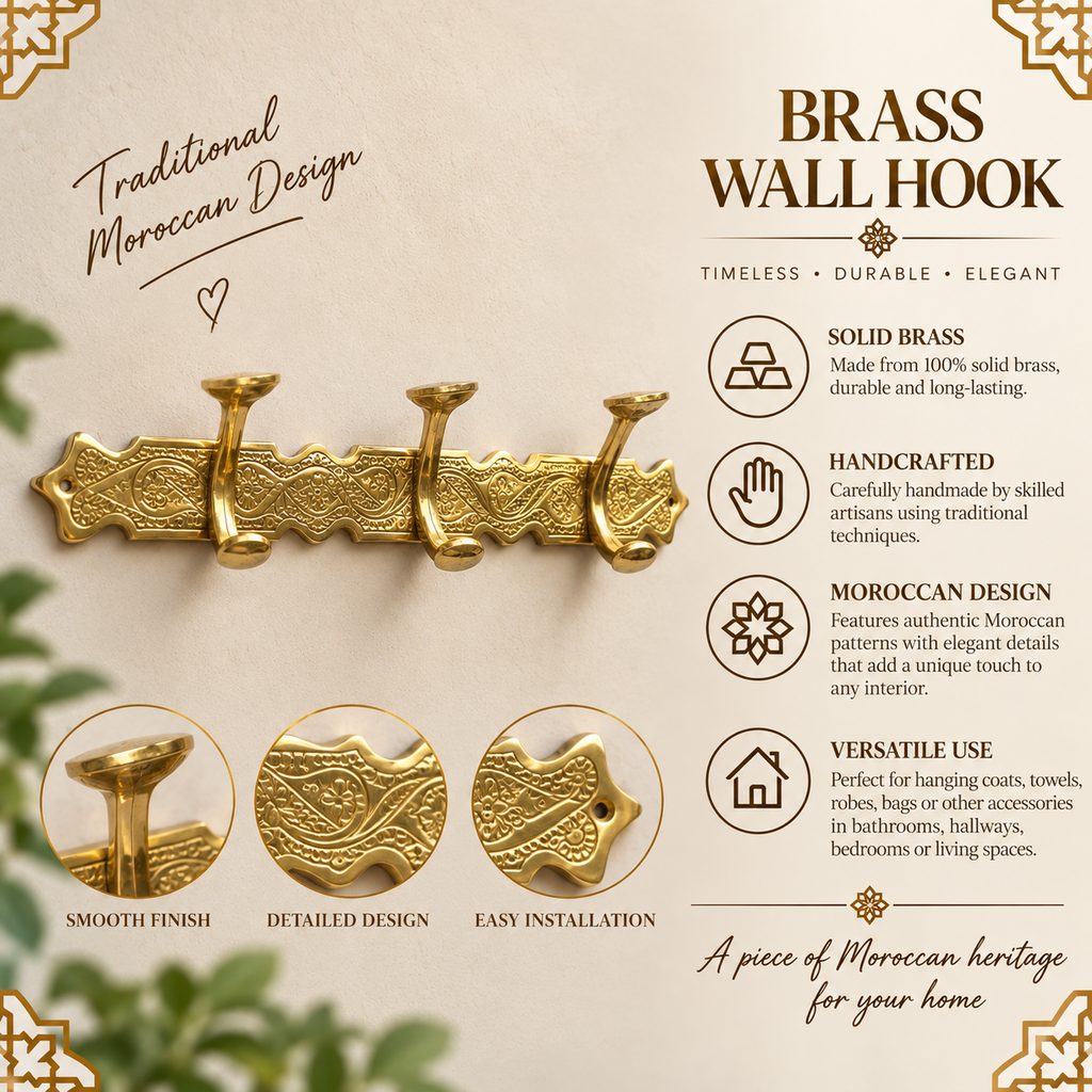 Handcrafted Moroccan Brass Wall Hook Rack – 3 Hook Decorative Coat & Towel Hanger
