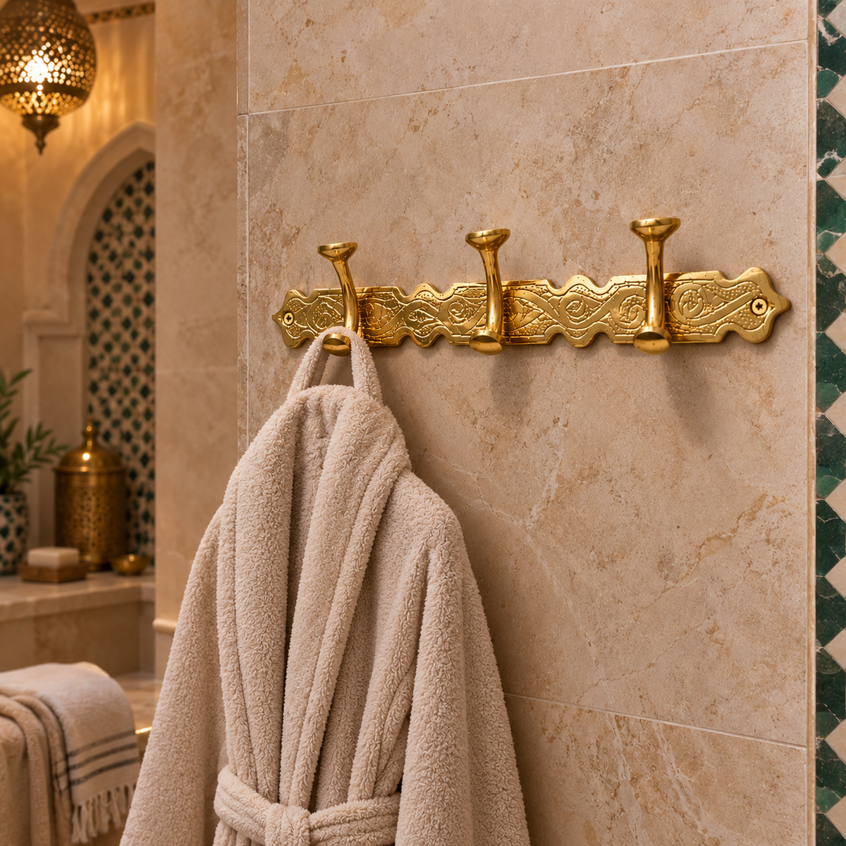 Handcrafted Moroccan Brass Wall Hook Rack – 3 Hook Decorative Coat & Towel Hanger