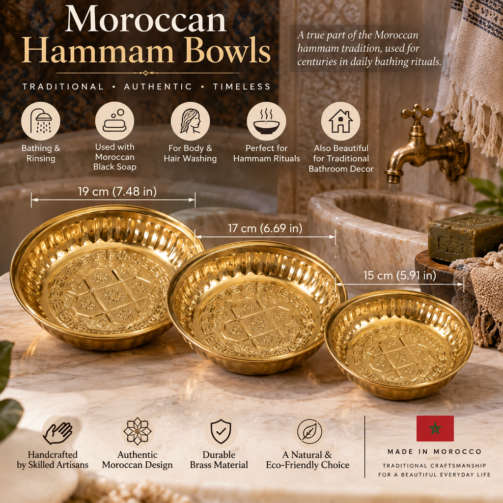 Traditional Moroccan Hammam Brass Bowl – Handcrafted Bath Bowl – Moroccan Bath Accessory