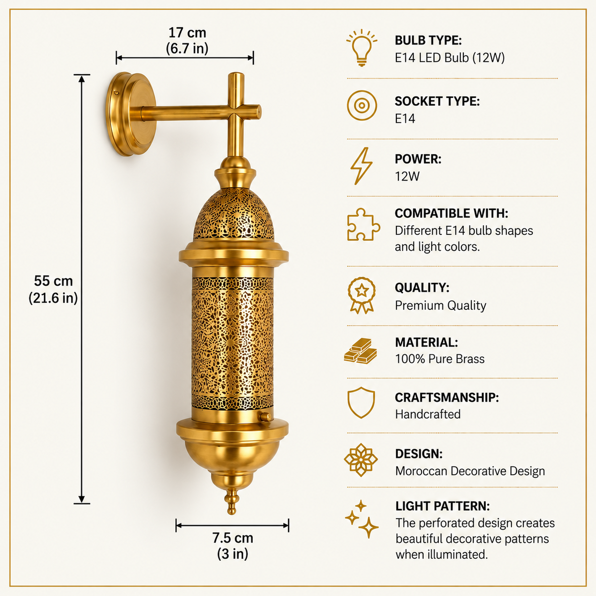 Moroccan Brass Wall Lamp – Handmade Arabic Lantern – Moroccan Home Decor