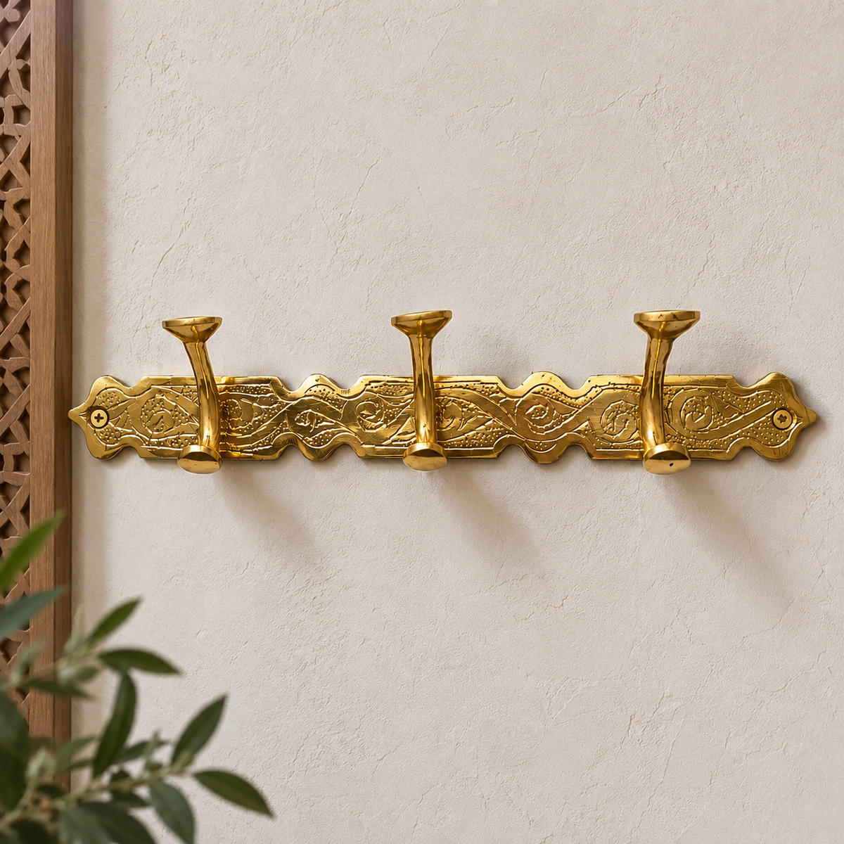 Handcrafted Moroccan Brass Wall Hook Rack – 3 Hook Decorative Coat & Towel Hanger
