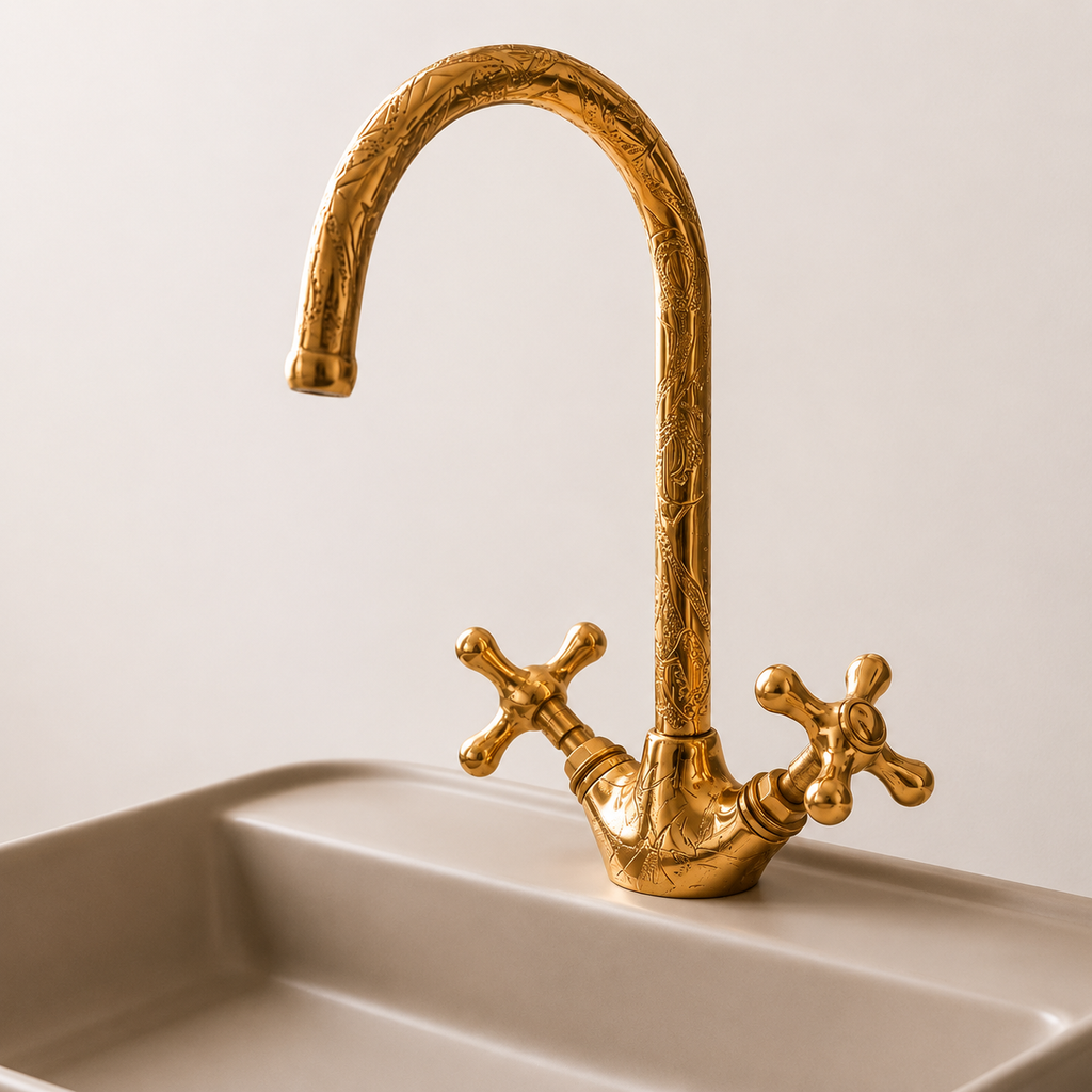 Vintage Brass Wall Mount Faucet – Ornate Moroccan Bathroom & Kitchen Tap – Antique Gold Water Faucet