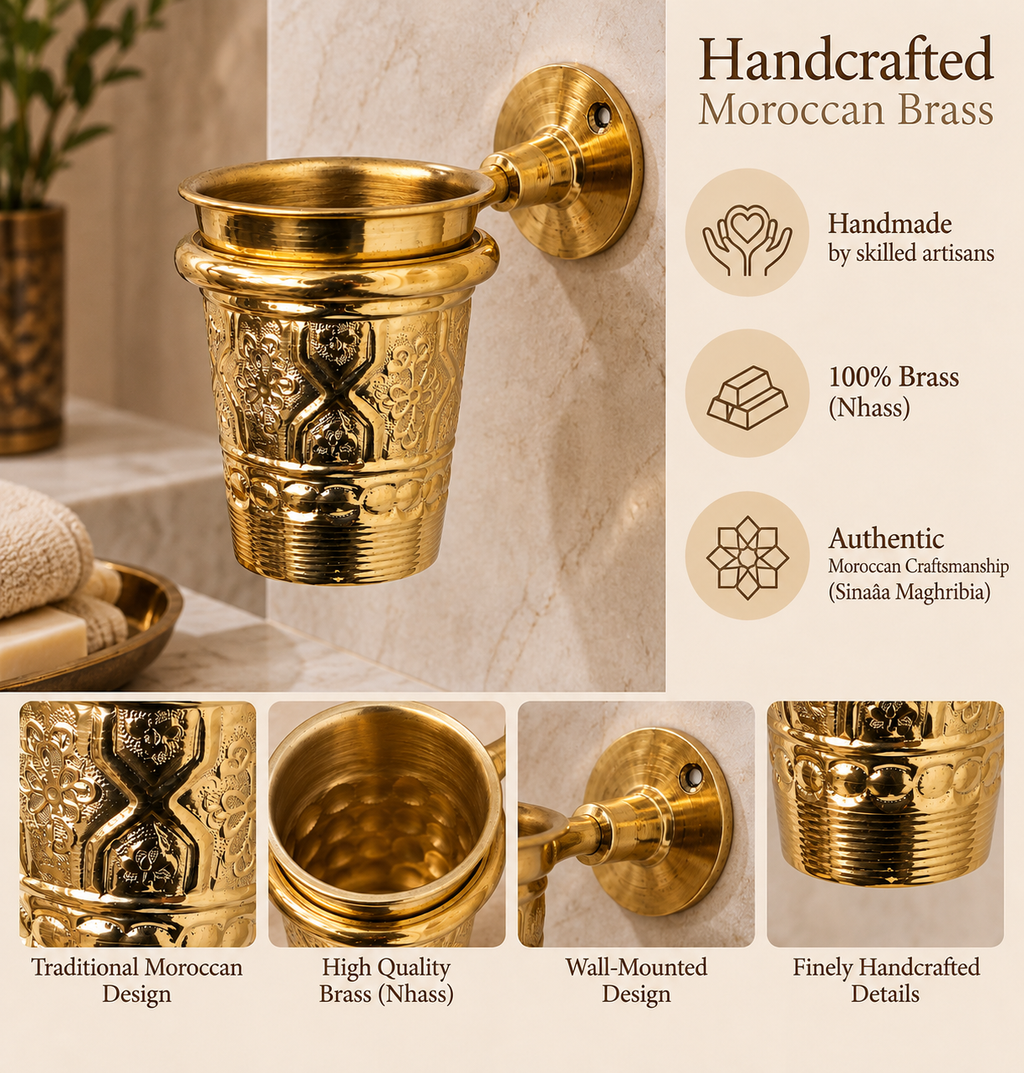 Moroccan Brass Wall-Mounted Toothbrush Holder – Ornate Handmade Bathroom Tumbler
