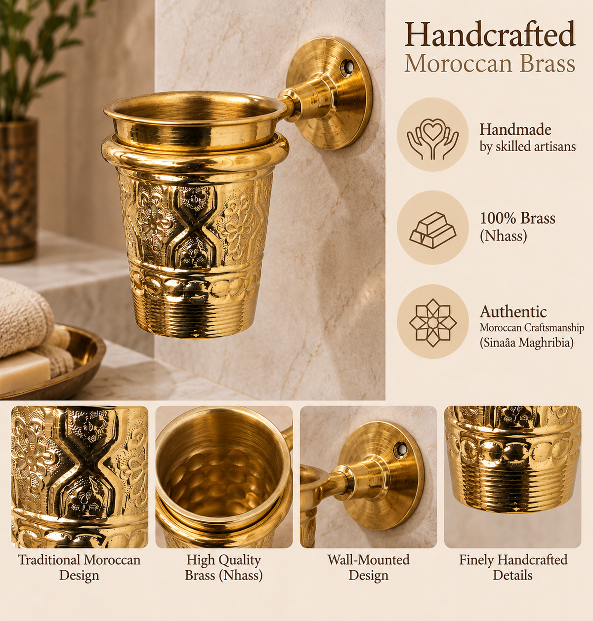 Moroccan Brass Wall-Mounted Toothbrush Holder – Ornate Handmade Bathroom Tumbler