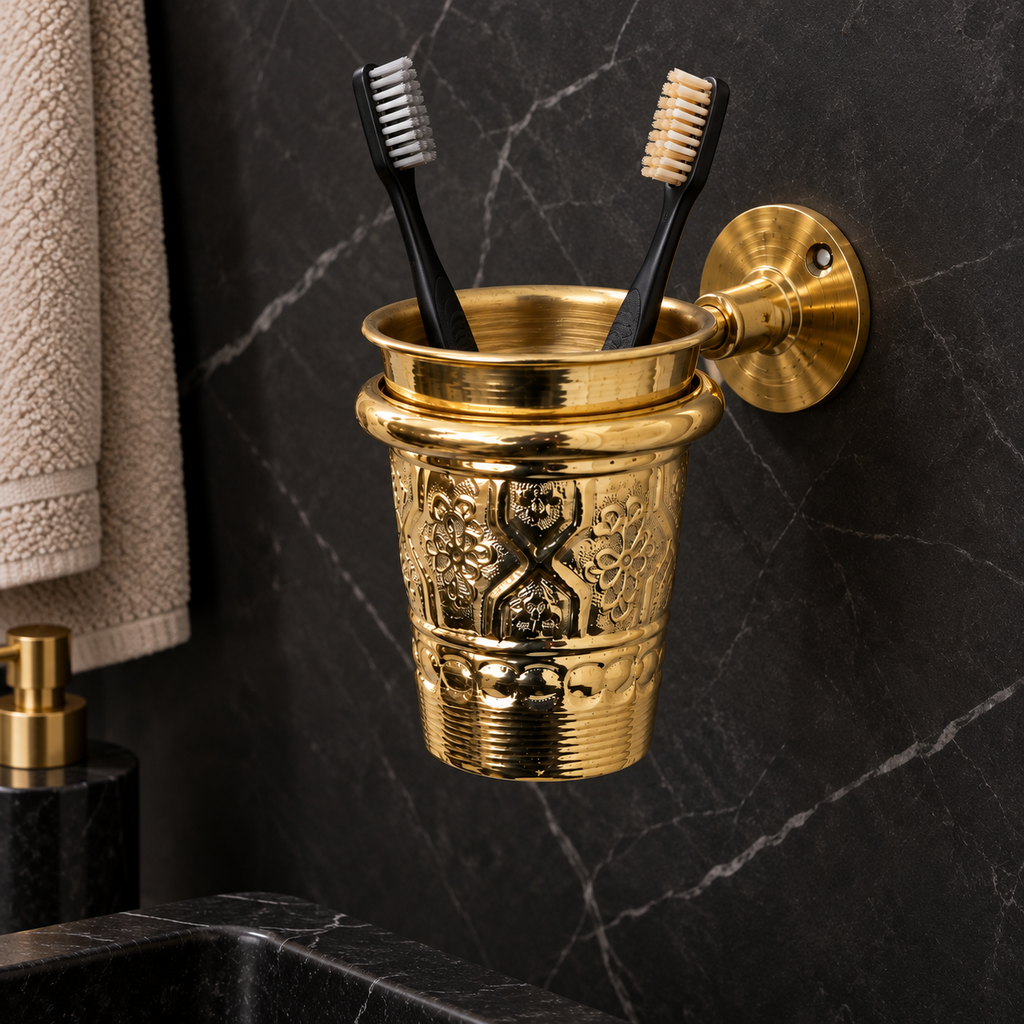 Moroccan Brass Wall-Mounted Toothbrush Holder – Ornate Handmade Bathroom Tumbler