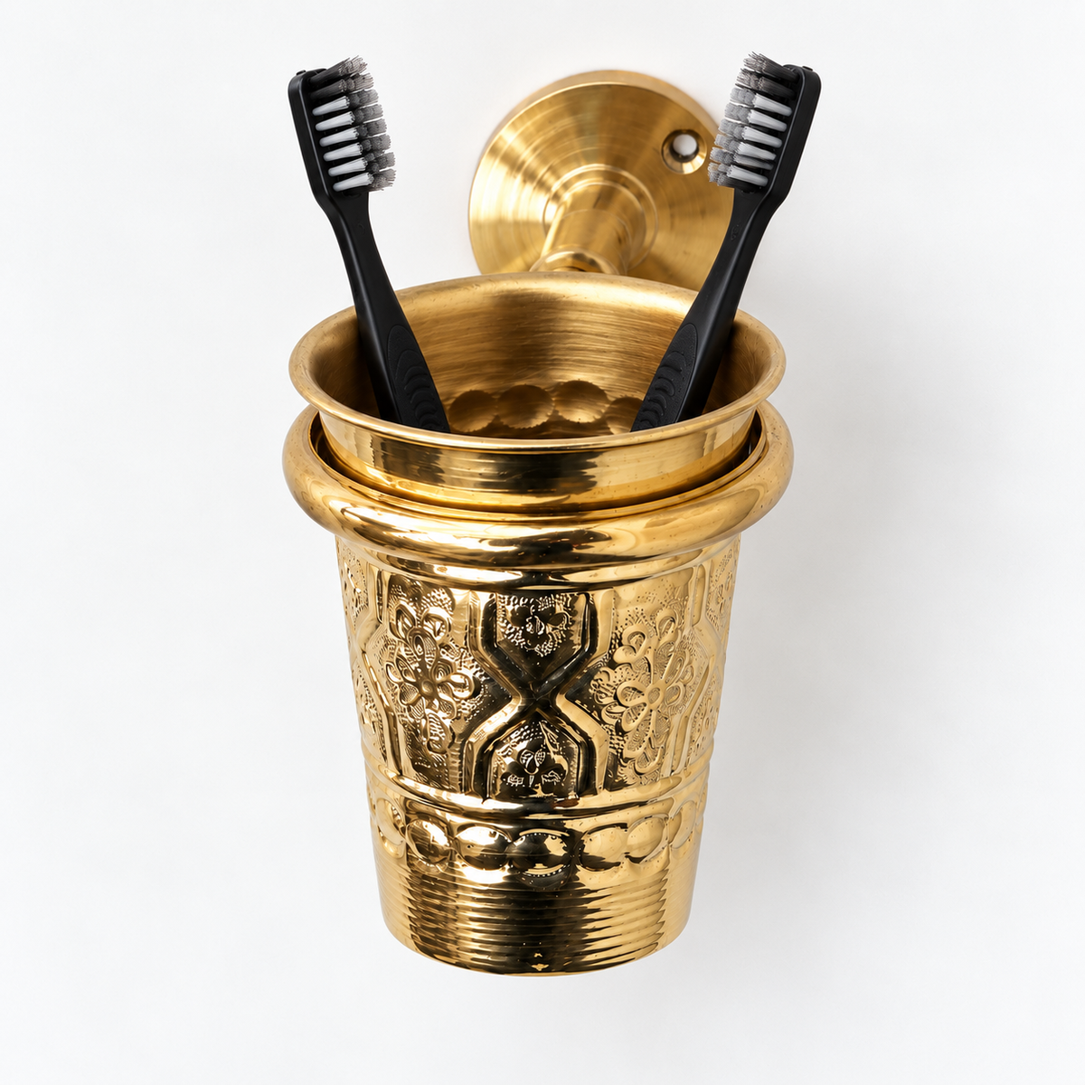 Moroccan Brass Wall-Mounted Toothbrush Holder – Ornate Handmade Bathroom Tumbler