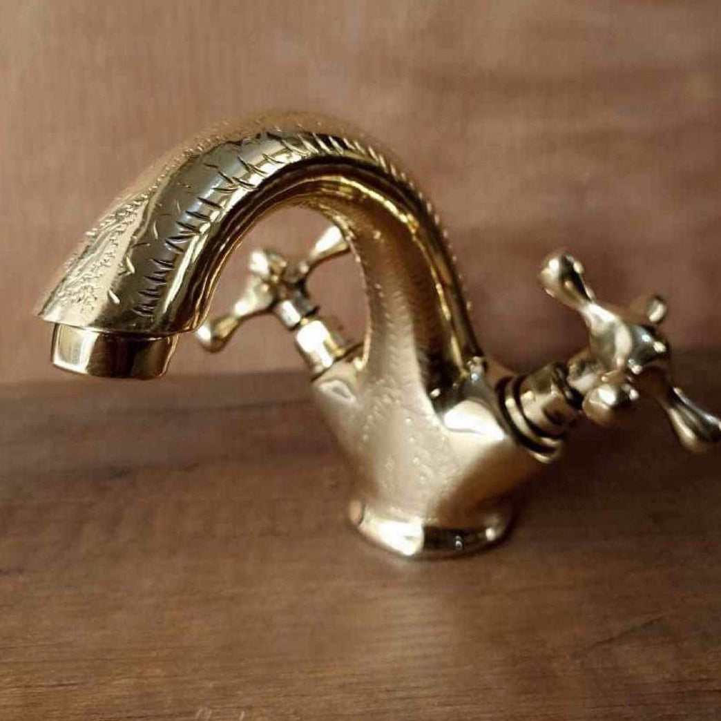 Vintage Brass Wall Faucet – Moroccan Outdoor Garden Sink Tap – Antique Style