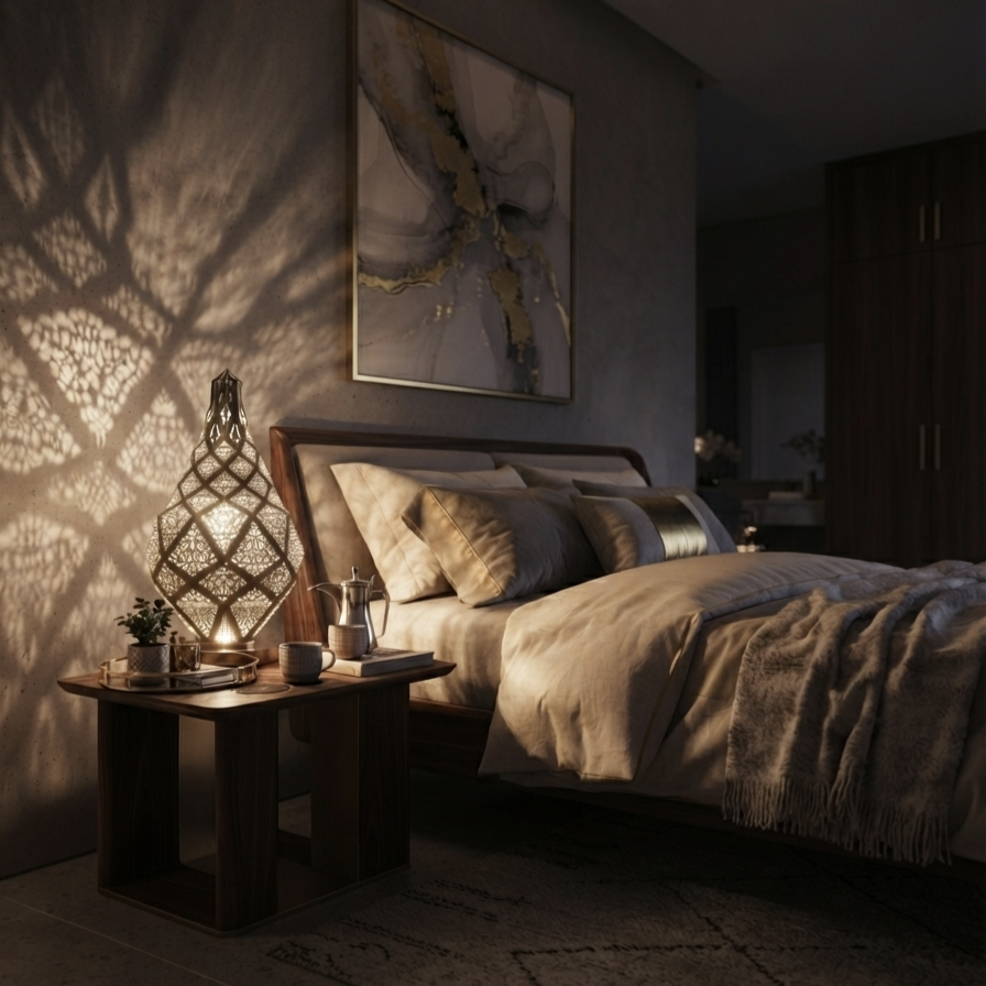 Moroccan Table Lamp, Brass Bedside Nightstand Light, Geometric Boho Home Decor