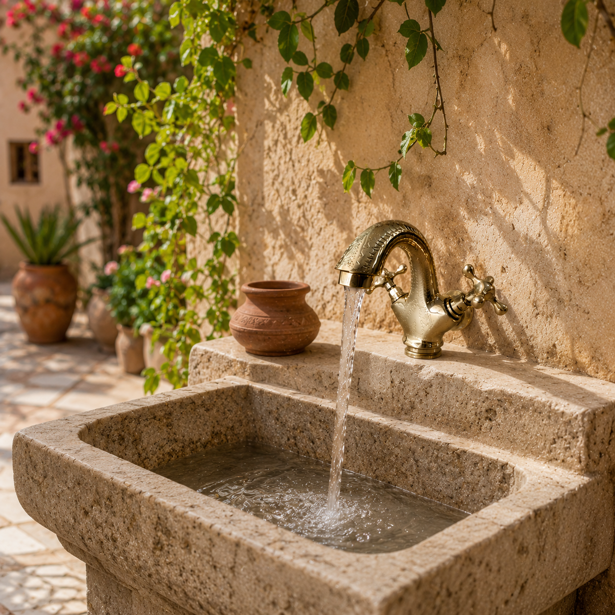 Vintage Brass Wall Faucet – Moroccan Outdoor Garden Sink Tap – Antique Style