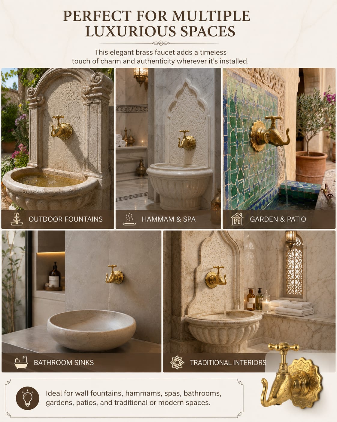 Vintage marokkanischer Messing-Wandhahn – Dekorativer Wasserhahn für Bad & Brunnen