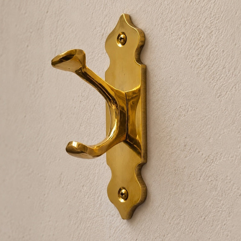 Solid Brass Double Wall Hook – Handcrafted Moroccan Vintage Coat & Towel Hook