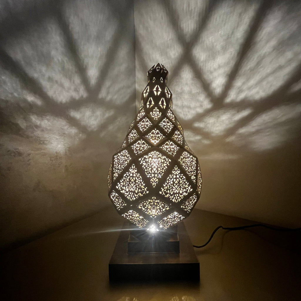 Moroccan Table Lamp, Brass Bedside Nightstand Light, Geometric Boho Home Decor