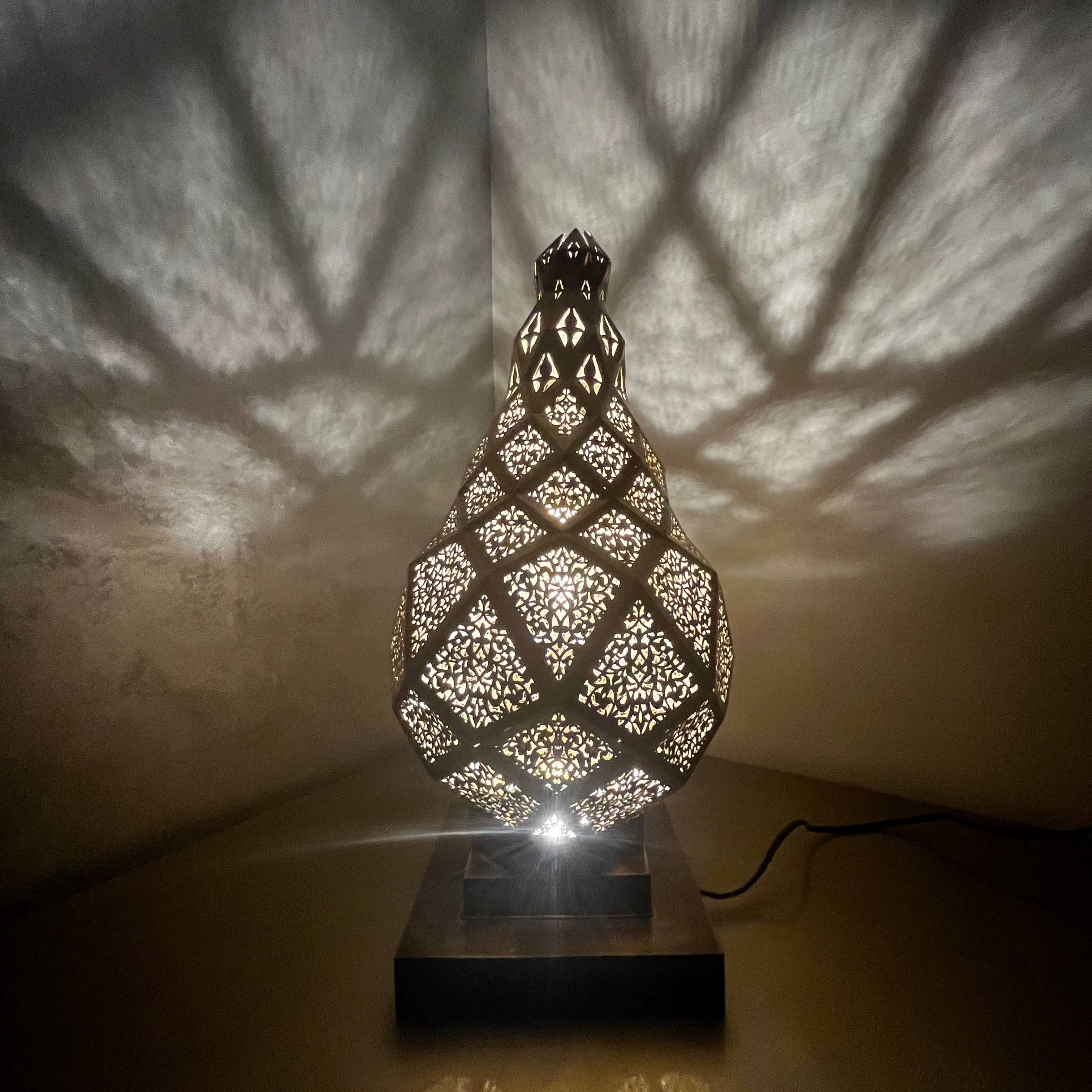 Moroccan Table Lamp, Brass Bedside Nightstand Light, Geometric Boho Home Decor