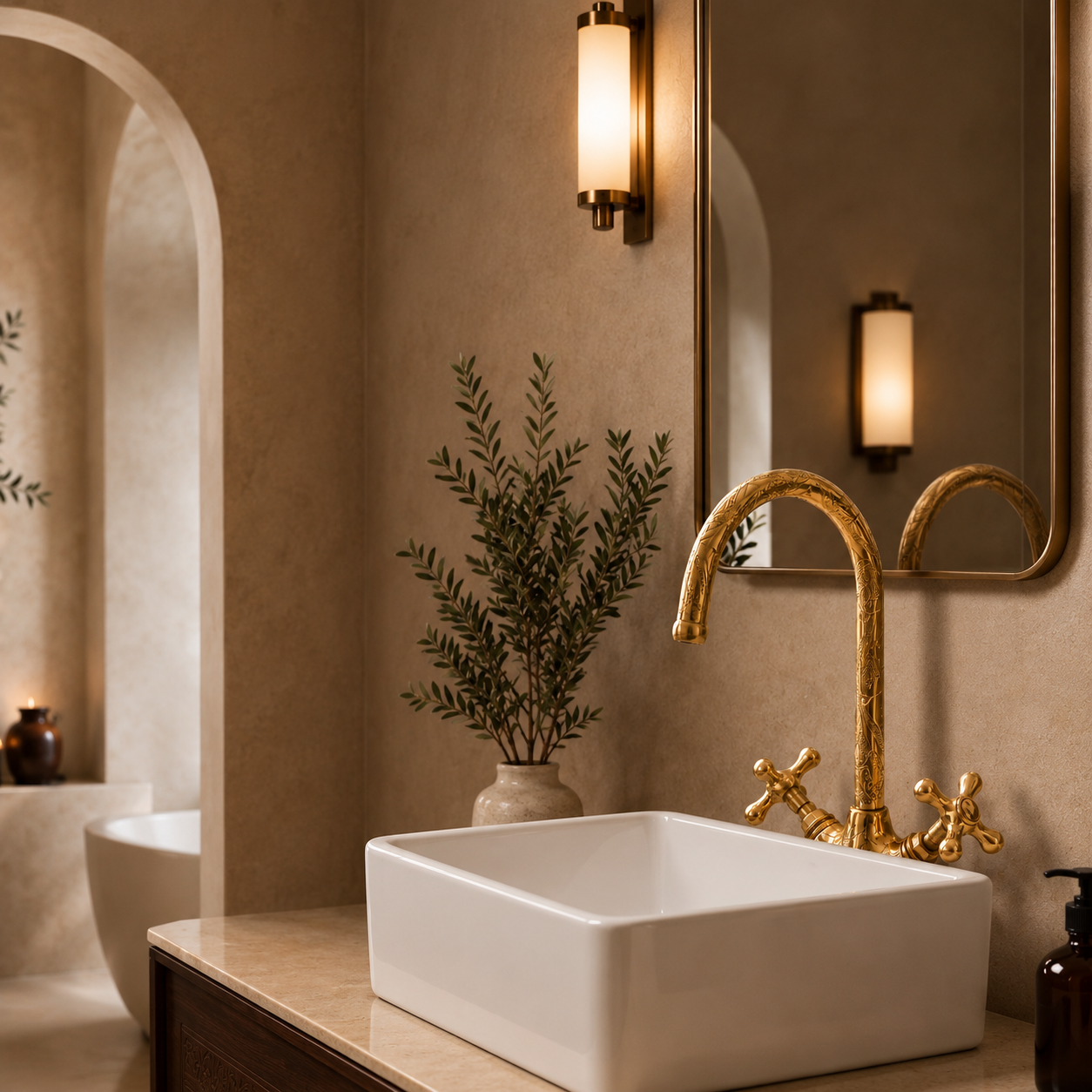 Vintage Brass Wall Mount Faucet – Ornate Moroccan Bathroom & Kitchen Tap – Antique Gold Water Faucet