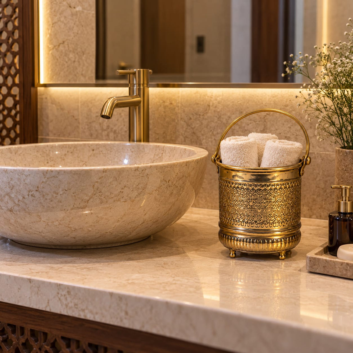 Moroccan Engraved Brass Bucket – Traditional Hammam & Luxury Home Decor