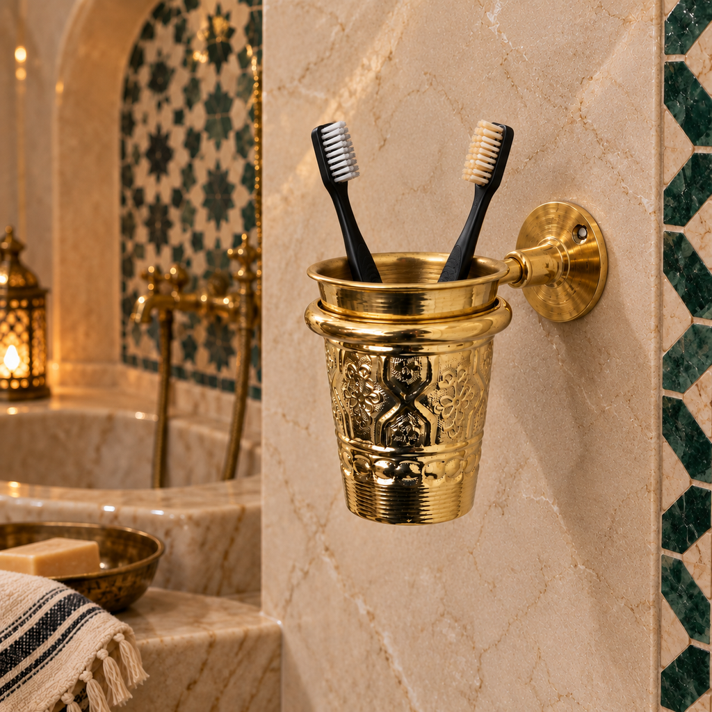 Moroccan Brass Wall-Mounted Toothbrush Holder – Ornate Handmade Bathroom Tumbler