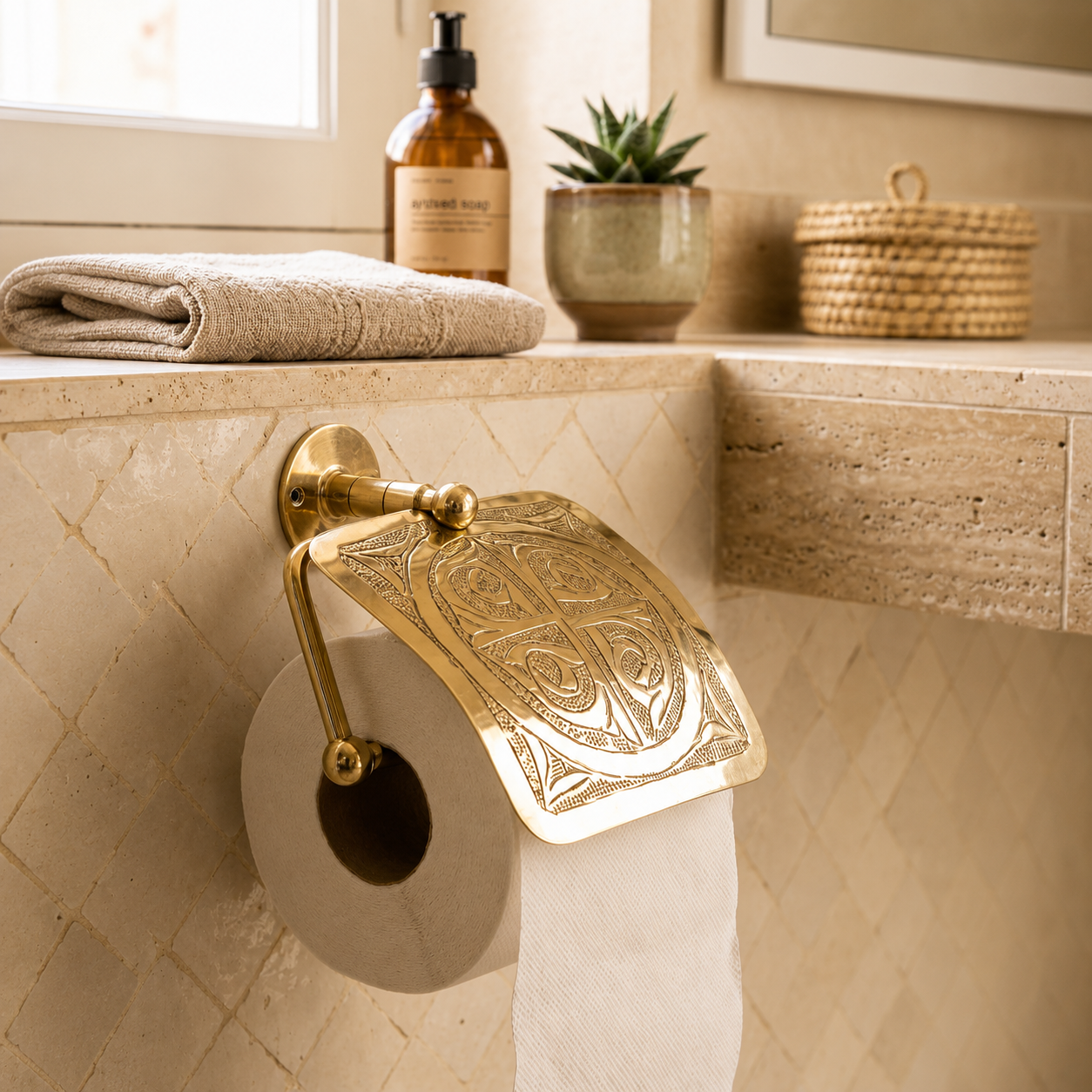 Moroccan Brass Toilet Paper Holder – Handcrafted Engraved Bathroom Wall Decor