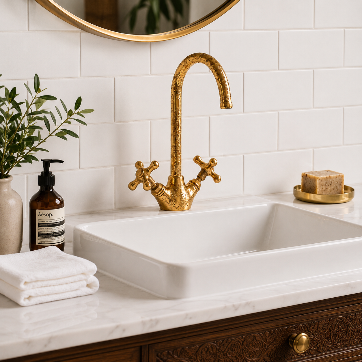 Vintage Brass Wall Mount Faucet – Ornate Moroccan Bathroom & Kitchen Tap – Antique Gold Water Faucet