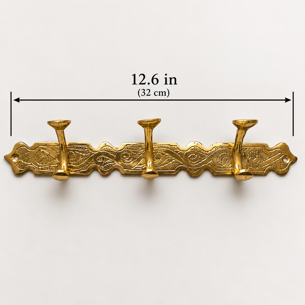 Handcrafted Moroccan Brass Wall Hook Rack – 3 Hook Decorative Coat & Towel Hanger