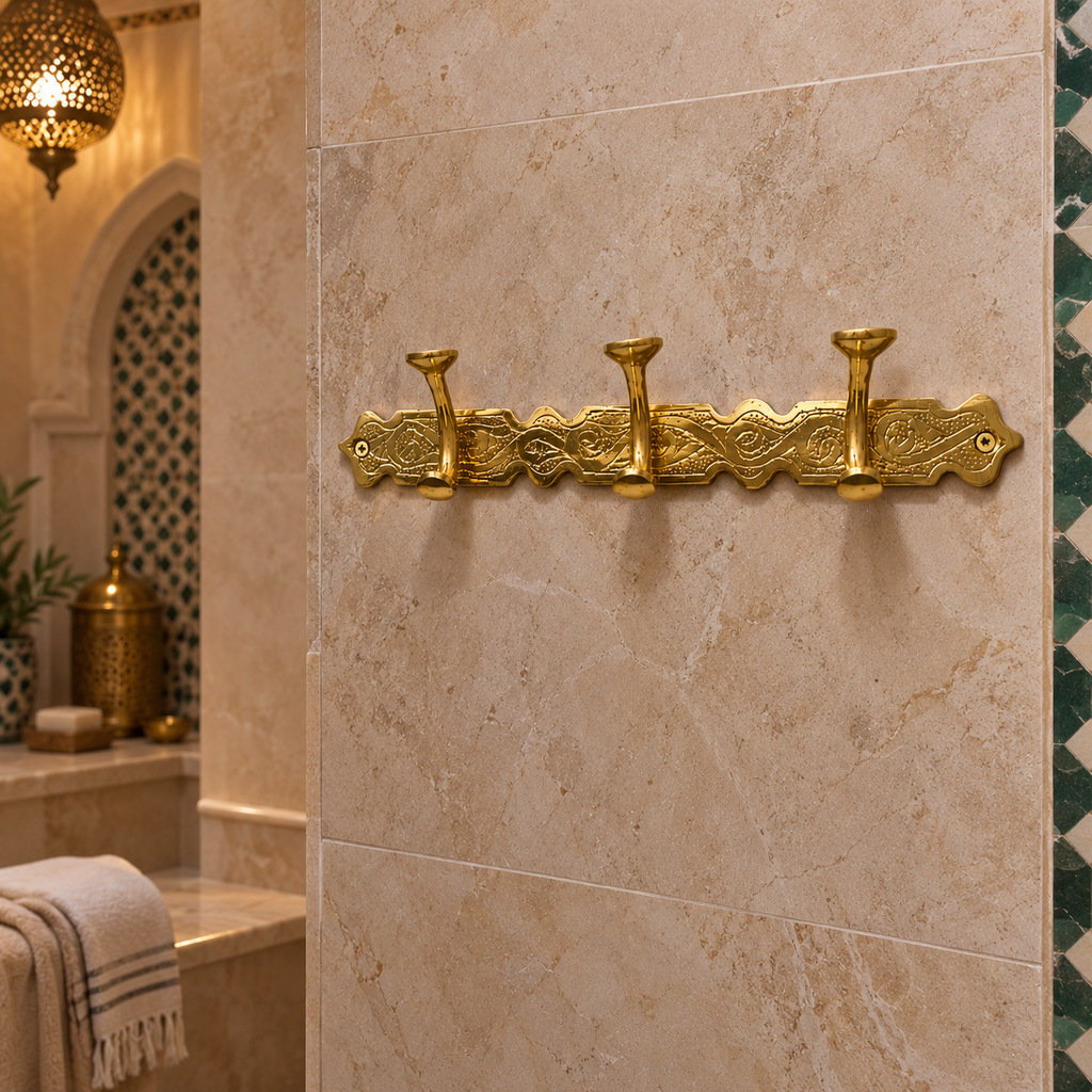 Handcrafted Moroccan Brass Wall Hook Rack – 3 Hook Decorative Coat & Towel Hanger