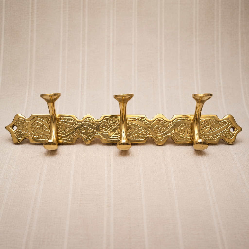 Handcrafted Moroccan Brass Wall Hook Rack – 3 Hook Decorative Coat & Towel Hanger