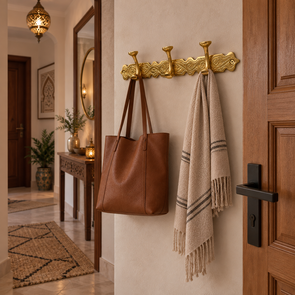 Handcrafted Moroccan Brass Wall Hook Rack – 3 Hook Decorative Coat & Towel Hanger