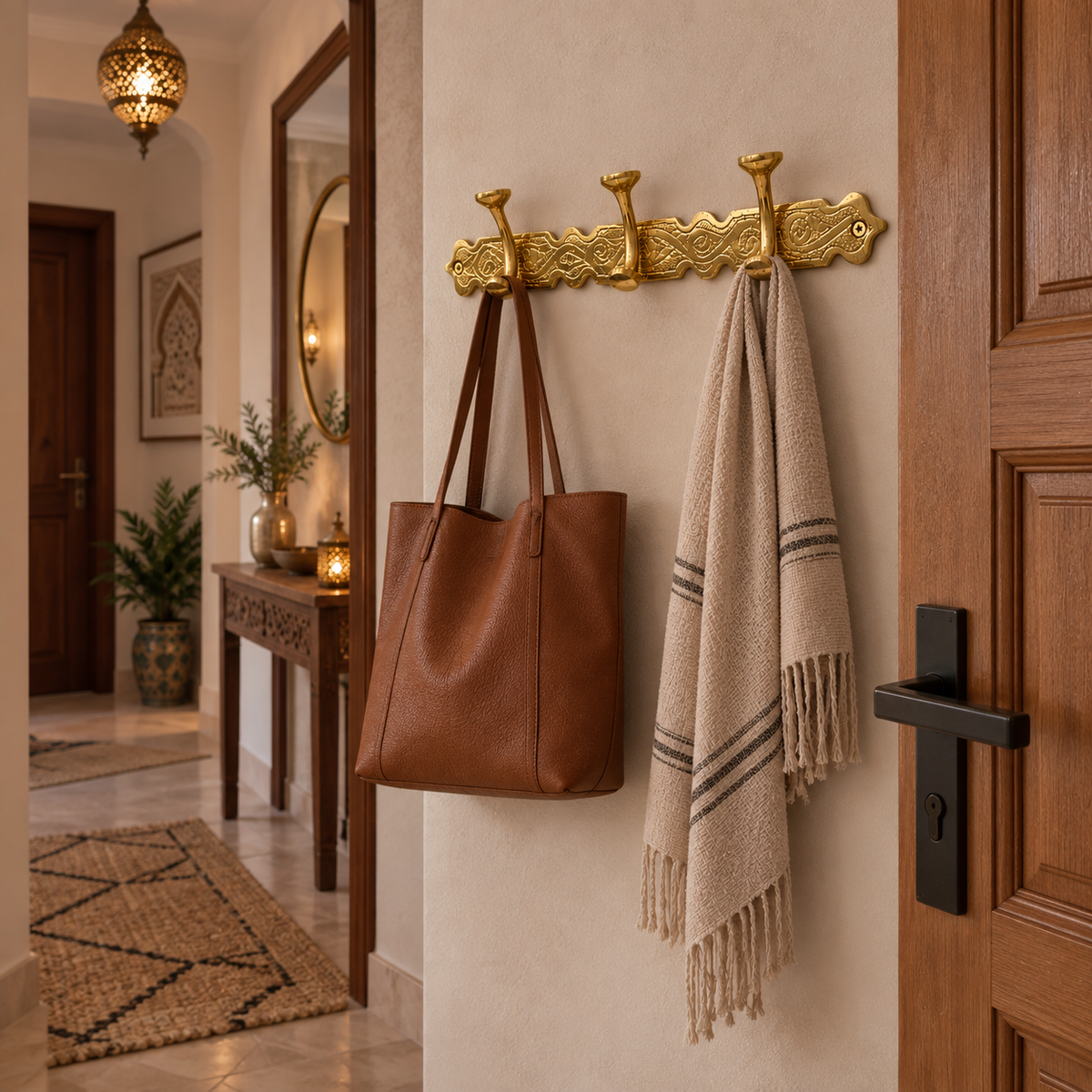 Handcrafted Moroccan Brass Wall Hook Rack – 3 Hook Decorative Coat & Towel Hanger