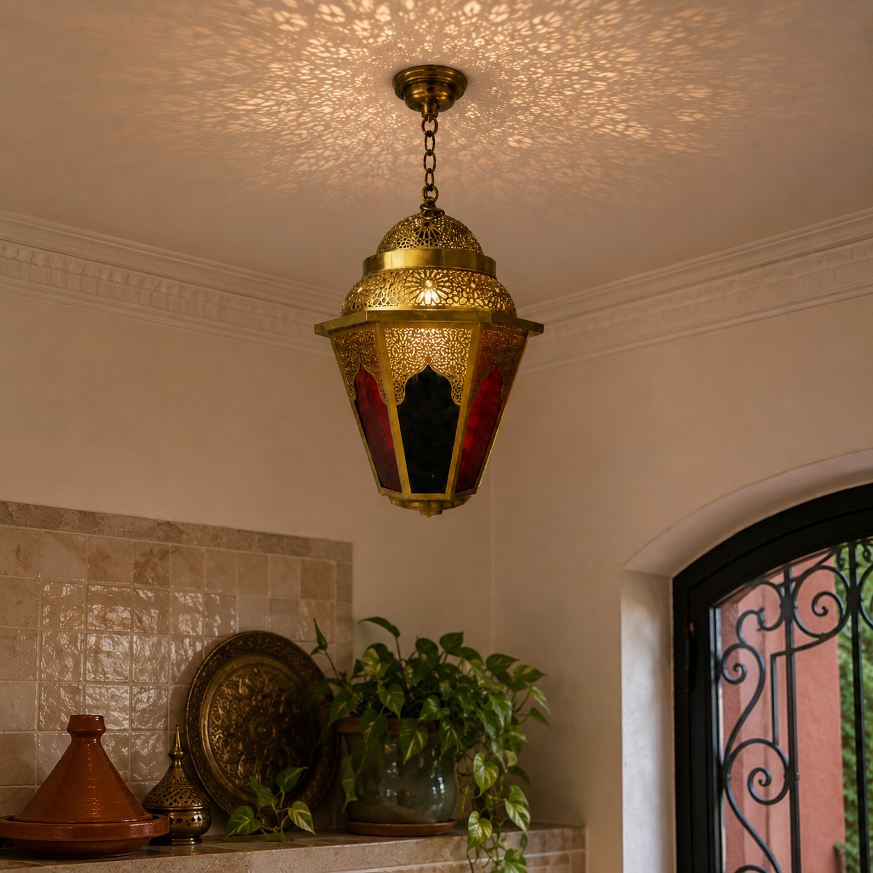Moroccan Brass Hanging Lantern – Handcrafted Islamic Filigree Lantern with Red & Black Glass