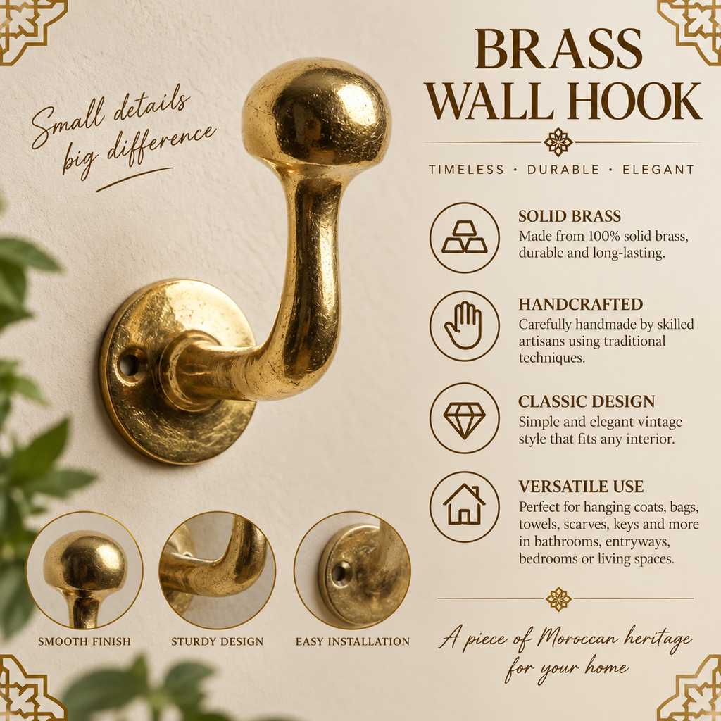 Vintage Solid Brass Wall Hook – Classic Round Coat & Bag Hanger