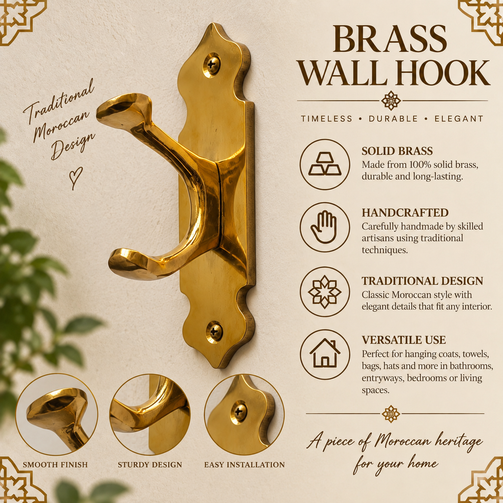 Solid Brass Double Wall Hook – Handcrafted Moroccan Vintage Coat & Towel Hook