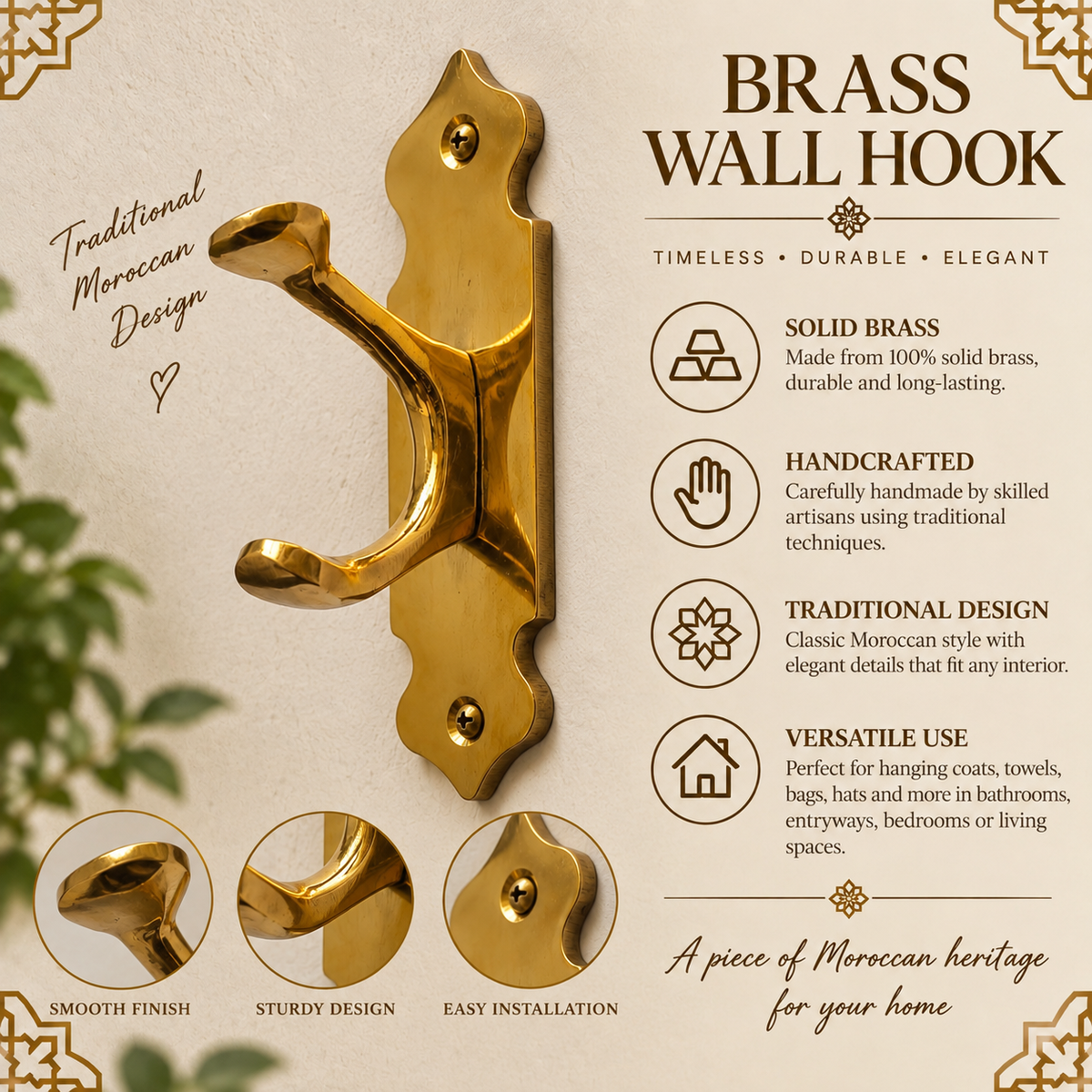 Solid Brass Double Wall Hook – Handcrafted Moroccan Vintage Coat & Towel Hook