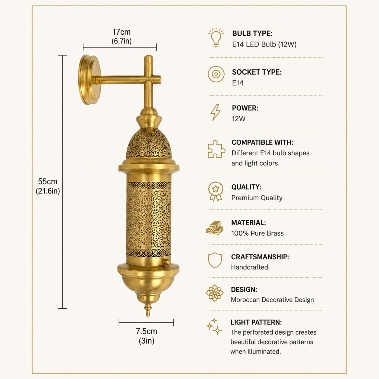 Moroccan Brass Wall Lamp – Handmade Arabic Lantern – Moroccan Home Decor