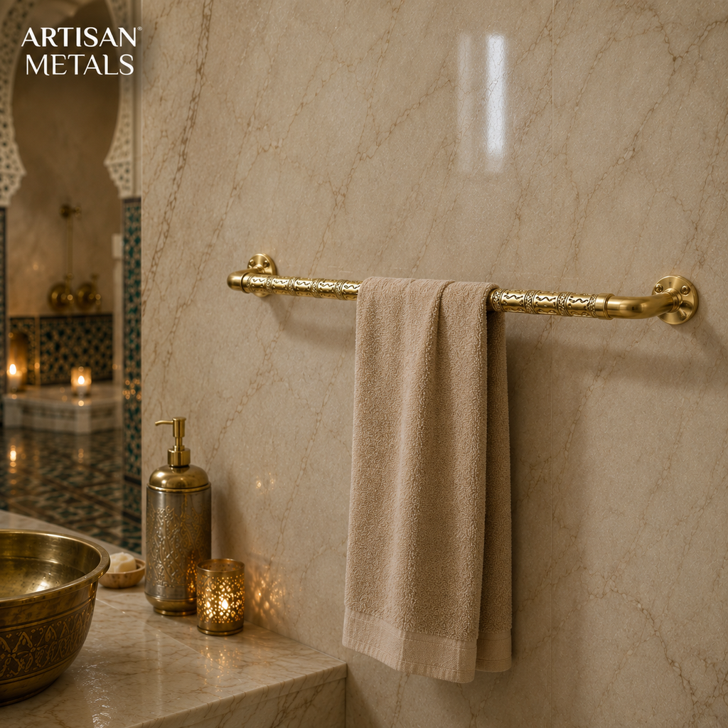 Handcrafted Moroccan Brass Towel Bar – Traditional Engraved Bathroom Wall Rail