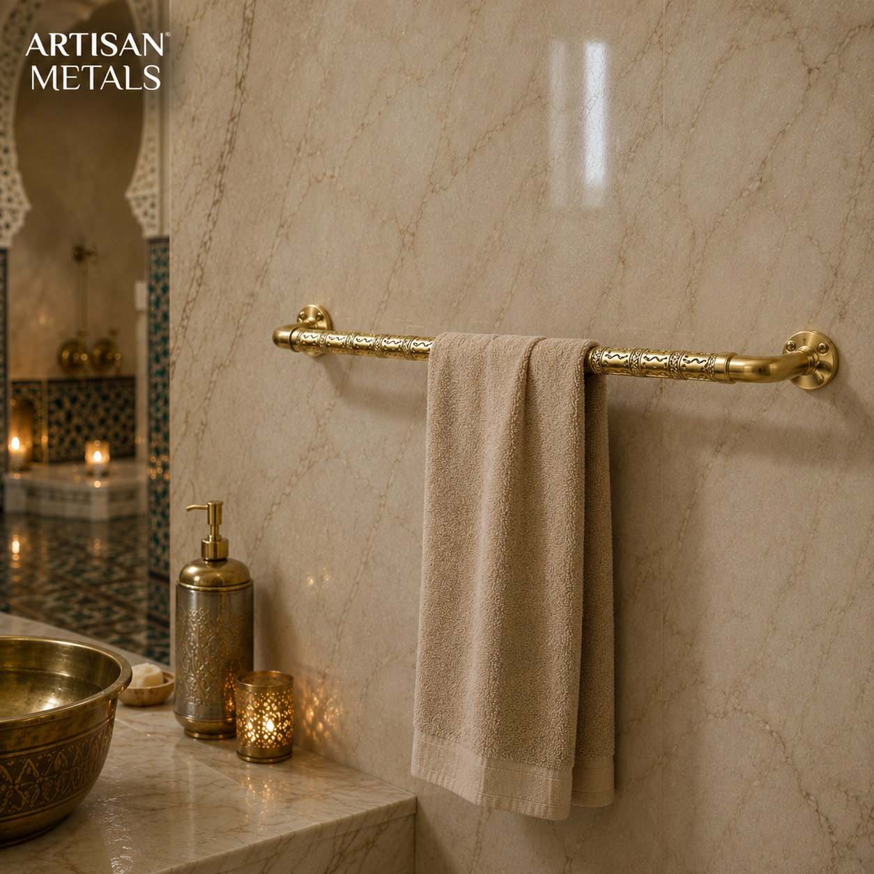 Handcrafted Moroccan Brass Towel Bar – Traditional Engraved Bathroom Wall Rail