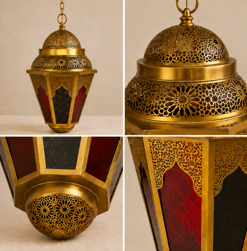 Moroccan Brass Hanging Lantern – Handcrafted Islamic Filigree Lantern with Red & Black Glass
