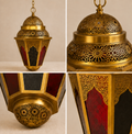 Moroccan Brass Hanging Lantern – Handcrafted Islamic Filigree Lantern with Red & Black Glass