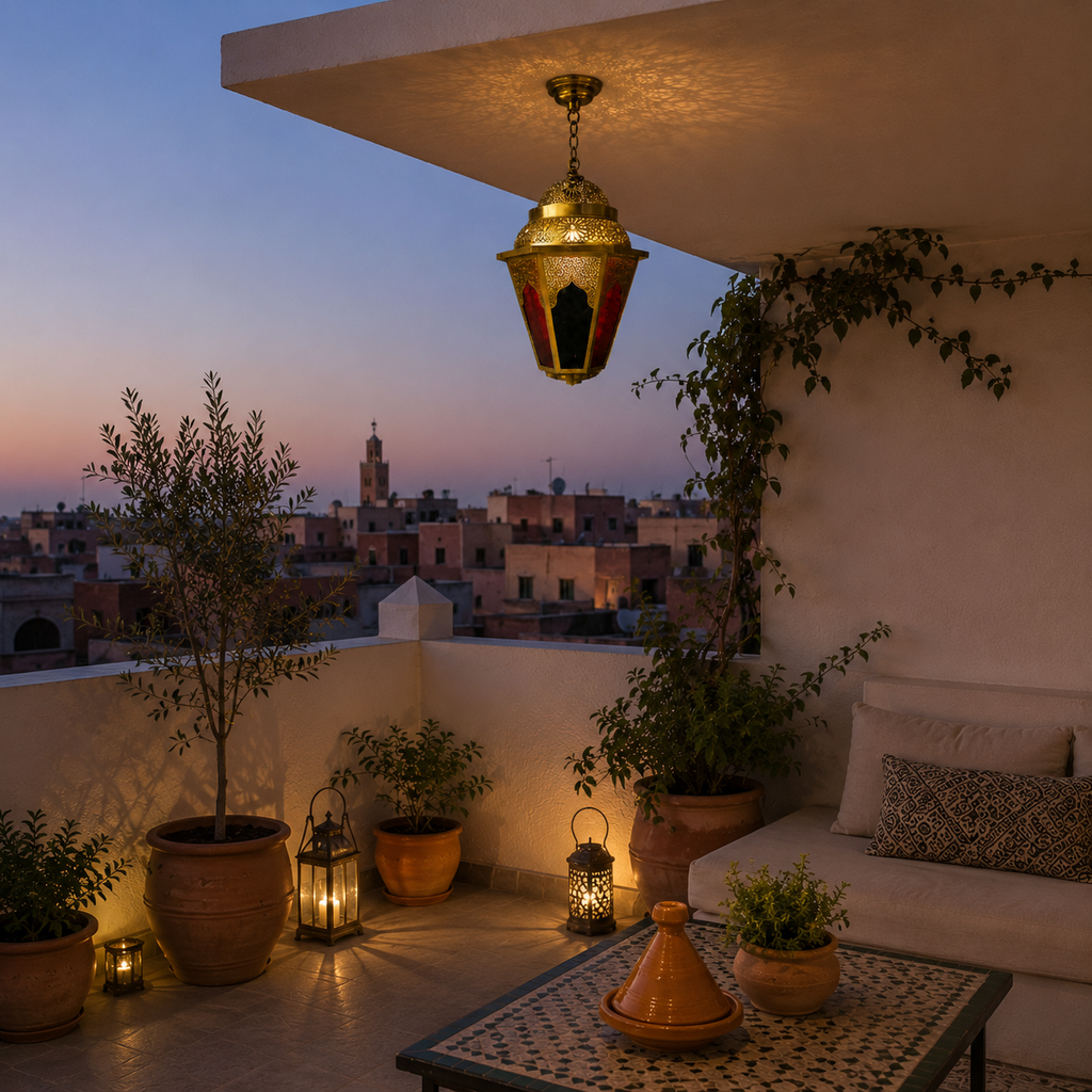 Moroccan Brass Hanging Lantern – Handcrafted Islamic Filigree Lantern with Red & Black Glass